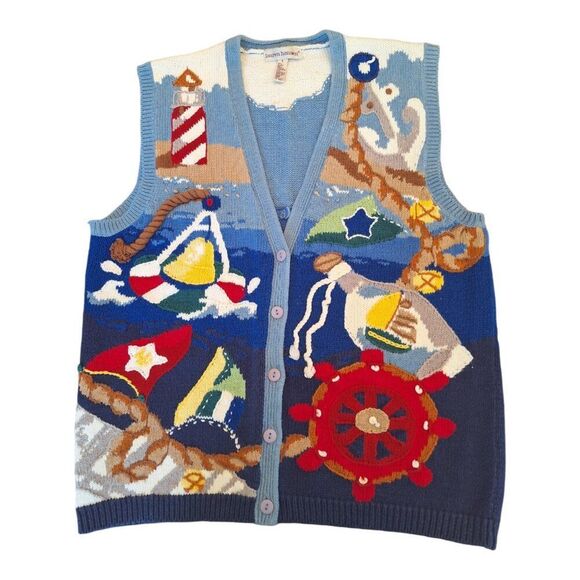 Vintage Preppy Coastal Nautical Embroidered Cotton Blend Sweater Vest Womens S - Picture 1 of 16